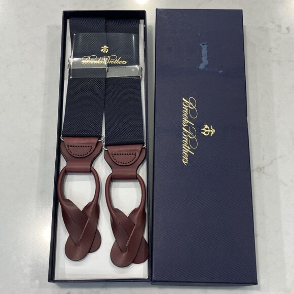 BROOKS BROTHERS NEW Solid Navy Blue Nylon Leather Suspenders Braces Silver Tone
